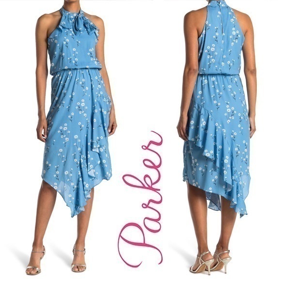 Sale Parker Shasta Daisy-Print Blue Floral High-Neck Sleeveless Dress S